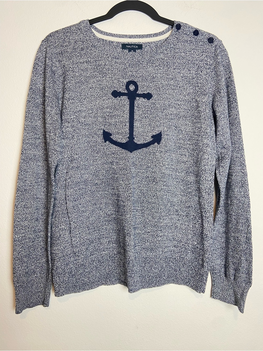 Nautica Navy White Anchor Knit Sweater 100% Cotton Size M